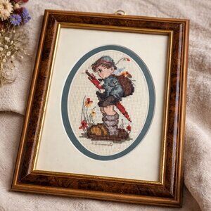 Vintage Hummel Cross Stitch Framed Wall Art Boy Umbrella Embroidery Needlepoint